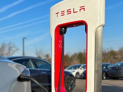Tesla Supercharger station at a Tesla store in Ann Arbor, Michigan, U.S., December 7, 2023.