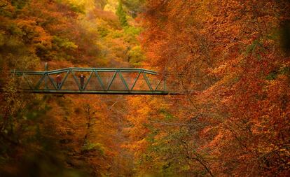 Unas personas se detienen en un puente sobre el río Garry para ver el paisaje del otoño cerca Killiecrankie, Escocia, 28 de octubre 2013.