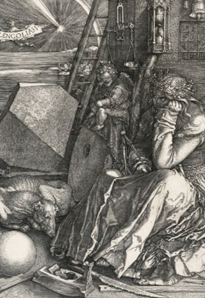 'Melancolía I' (1514), grabado sobre metal. Es la reflexión más profunda de Durero  sobre el tema del arte, y posiblemente quizá su último autorretrato. Una de sus obras maestras.