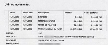 Extracto bancario de otra docente en el que aparece el finiquito y el día en que se hizo la transferencia.