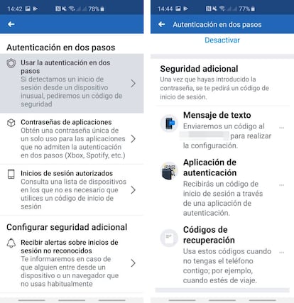 Activar verificación de dos pasos en Facebook.