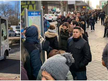 Autobuses sin conductor... y pasajeros sin autobuses. A la izquierda, el primer autobús autónomo sin conductor de la región, que operará en un recorrido de 3,8 kilómetros en el campus de Cantoblanco de la Universidad Autónoma, presentado este lunes. En paralelo, el inicio de las obras en la línea 4 de metro causó colas de pasajeros que no veían llegar los buses de sustitución. Garrido pidió disculpas.