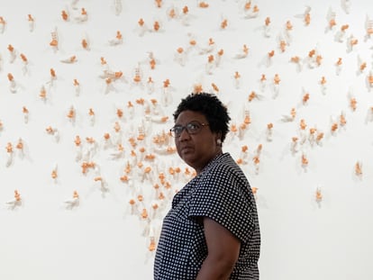 Rosana Paulino with one of her pieces at the MALBA museum's 'Amefricana' exhibition in Buenos Aires.