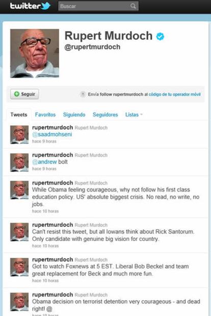 Captura de la cuenta de Twitter de Rupert Murdoch, el 3 de enero de 2012