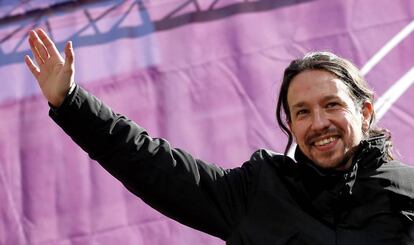 Pablo Iglesias en el cierre de campaña de la candidatura de Luis Alegre para la Comunidad de Madrid, en febrero de 2015.