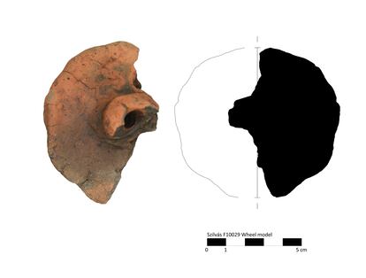 Modelo de rueda procedente del yacimiento de Szilvás (Hungría), que puede asignarse a la cultura Vučedol (3000/2900-2500/2400 a. C.).