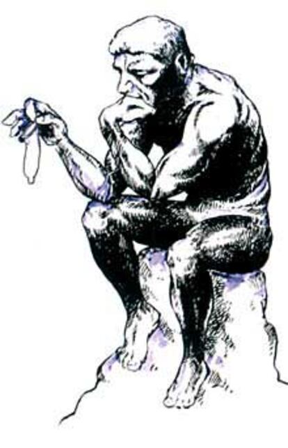 Una viñeta inspirada en <i>El pensador,</i> de Rodin, realizada por el peruano Omar Ceballos (Perú).