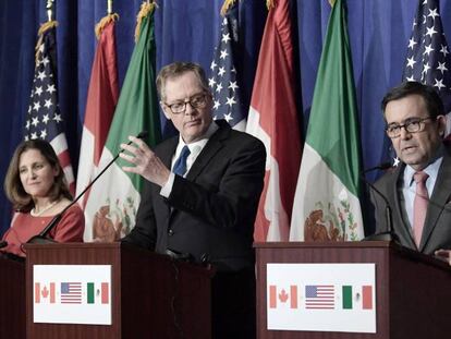 Representante do Canadá, EUA e México anunciam os resultados das negociações do Tratado de Livre Comércio da América do Norte.