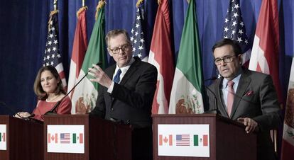Representante de Canadá, EE UU y México anuncian los resultados de las negociaciones del Tratado de Libre Comercio de América del Norte (TLCAN).