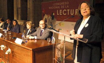 La escritora brasileña Nélida Piñón en un momento de su intervención durante el I Congreso Nacional de Lectura que se ha inaugurado hoy en Cáceres.