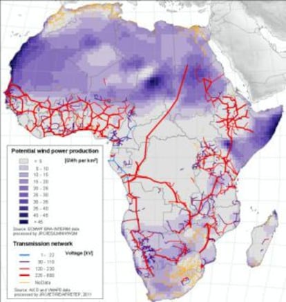 Mapa del potencial fotovoltaico de África y (en pequeño) áreas en las que la energía solar resulta la mejor opción (en tonos rojos y amarillos) frente a los generadores diesel (en azules).