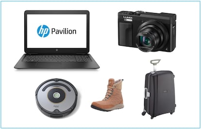 De arriba abajo y de izquierda a derecha: portátil HP Pavilion, cámara Panasonic Lumix, robot aspirador Roomba 615, botas de nieve Columbia y maleta Samsonite.