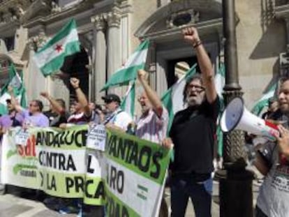 Un grupo de militantes del SAT se ha concentrado hoy a las puertas del Tribunal Superior de Justicia de Andalucía (TSJA), que ha aplazado sin fecha la declaración como imputado del portavoz nacional de este sindicato, Diego Cañamero, por la ocupación de la finca militar La Turquillas de Osuna (Sevilla), a la espera de que sea detenido, como ya se ordenó que se hiciera el viernes pasado.