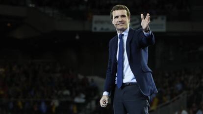 El líder del Partido Popular, Pablo Casado, en el acto de cierre de campaña. 