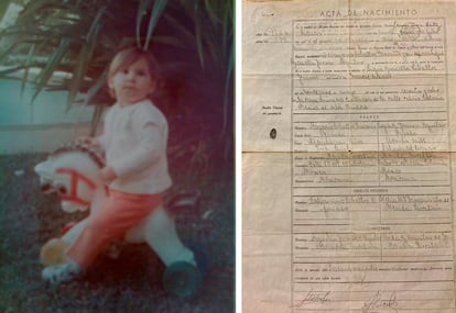 Ligia Ceballos Franco de niña y el acta de nacimiento que le fabricaron en México.