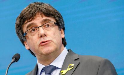 El expresidente catalán Carles Puigdemont durante la conferencia que pronunció en la Universidad de Helsinki, Finlandia, el 21 de marzo de 2018.