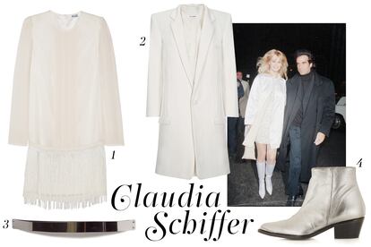 El todo al blanco de Claudia Schiffer: 1. Vestido de Temperley (420 euros). 2. Davidelfin Estilo levita. 3. Cinturón de chapa metálica de Zara (15,95 euros). 4. Botín de Topshop (125 euros).