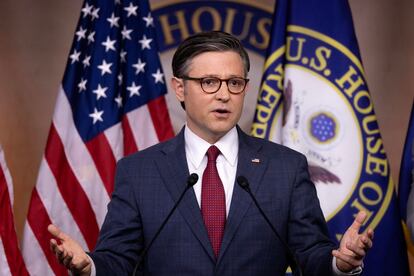 U.S. Speaker of the House Mike Johnson speaks during a news conference held by House Republican leadership on Capitol Hill in Washington, DC, on April 16, 2024.