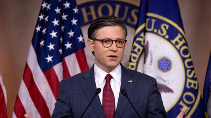 U.S. Speaker of the House Mike Johnson speaks during a news conference held by House Republican leadership on Capitol Hill in Washington, DC, on April 16, 2024.