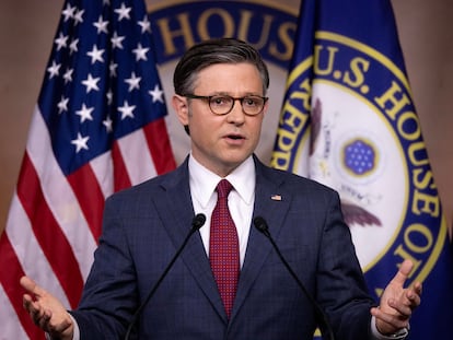 U.S. Speaker of the House Mike Johnson speaks during a news conference held by House Republican leadership on Capitol Hill in Washington, DC, on April 16, 2024.