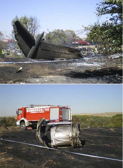 Arriba, la cola del avión tras el accidente. Debajo, el motor izquierdo con la reversa activada.