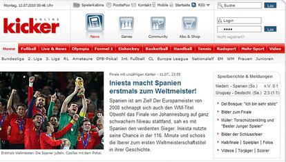 El titular de portada del diario deportivo alemán: "Iniesta convierte a España por primera vez en Campeona del Mundo". Subtitula: "¡España toca el cielo! El campeón de Europa consigue la copa del Mundo, aunque la final de Johanesburgo no ha estado a un gran nivel".