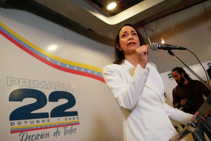 María Corina Machado, líder opositora en Venezuela, durante una conferencia de prensa, el pasado 22 de octubre, en Caracas.