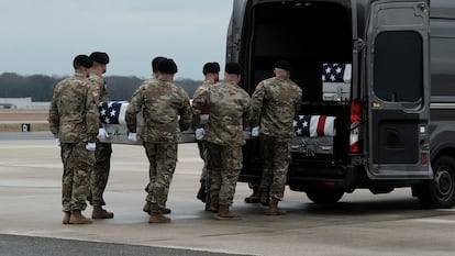 Members of the United States Honor Guard carry the remains of the three American service members who died in Jordan during a drone attack at Dover Air Base in Dover, Delaware.