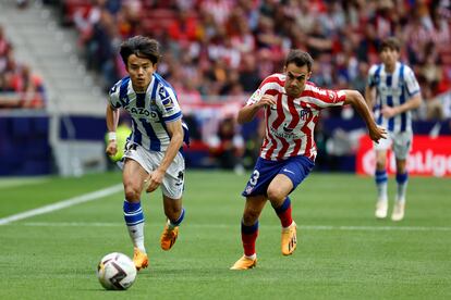 Take Kubo durante el partido entre el Atlético de Madrid y la Real Sociedad, en el Metropolitano este domingo.