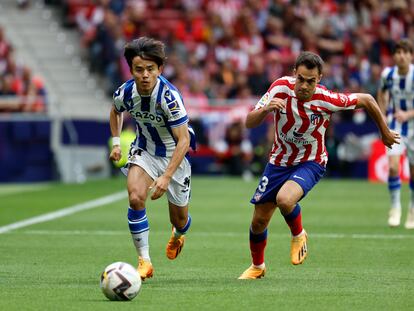 Take Kubo durante el partido entre el Atlético de Madrid y la Real Sociedad, en el Metropolitano este domingo.