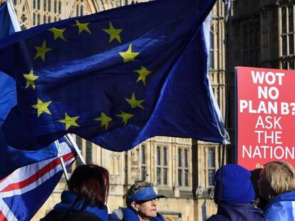  Activistas proeuropeistas se concentran a las puertas del Parlamento de Londres (Reino Unido). 