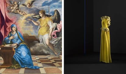 A la izda. 'Anunciación', hacia 1576. El Greco. A la dcha. Conjunto de noche de vestido y capelina, hacia 1967. Cristóbal Balenciaga. |