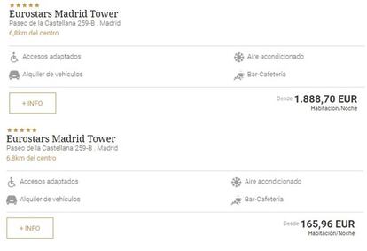 Precios de habitaciones dobles disponibles en el hotel Eurostars Madrid Tower, arriba, para el fin de semana de la final, desde 1.888 euros. Debajo, para el fin de semana del 21 al 23 de junio, desde 165 euros.