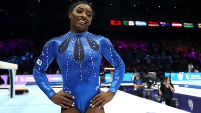 Gymnastics - 2023 World Artistic Gymnastics Championships - Sportpaleis, Antwerp, Belgium - October 6, 2023 Simone Biles of the U.S. celebrates after winning the women's individual all-around final REUTERS/Yves Herman