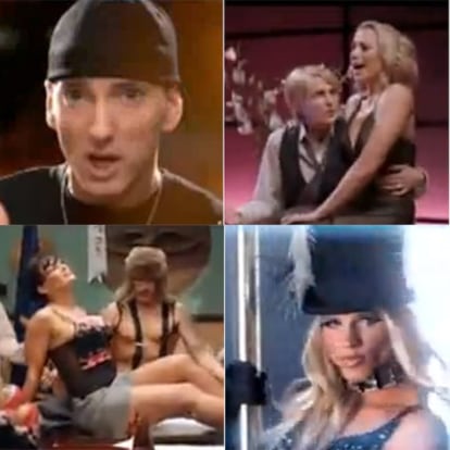 Arriba, a la izquierda, Eminen en el vídeo; a la derecha la parodia de Ellen DeGeneres y Portia de Rossi. Abajo, las <i>otras </i>Sarah Palin y Britney Spears.