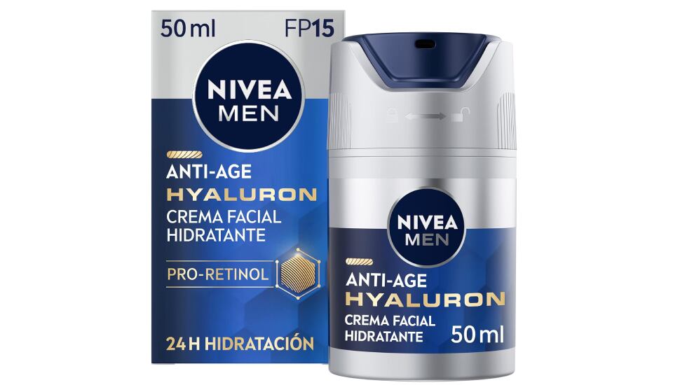 Vista frontal de la crema hidratante Nivea Men Hyauluron para hombre, ahora, en oferta.