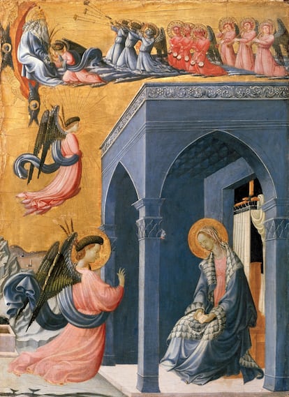 Uccello obtuvo los conocimientos sobre perspectiva de la mano de Masaccio y, como buen discípulo, fue más allá. Esta pieza comparte temática con la recientemente restaurada y protagonista de esta exposición 'Anunciación' de Fra Angelico, ambas concebidas en la misma época.