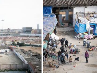 Panorámica del asentamiento junto a Glòries y un detalle del espacio.