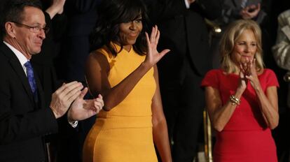 Michelle Obama vestida de Narciso Rodríguez en su último debate del Estado de la Unión. Un vestido que se agotó en las tiendas.