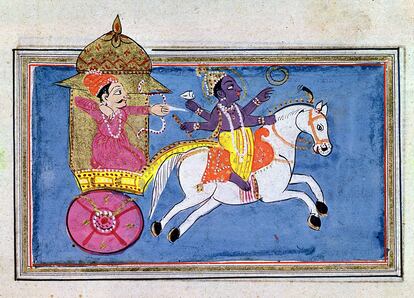 El héroe Arjuna con su arco, en un carruaje detrás de Krishna montado a caballo, en una ilustración del siglo XVII para el poema épico 'Mahabharata'.
