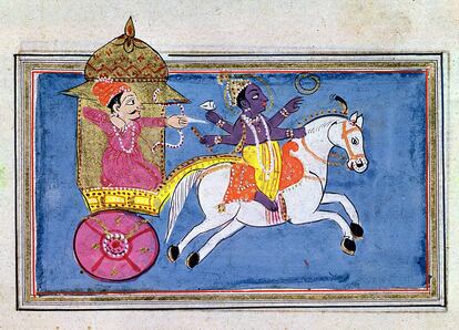 El héroe Arjuna con su arco, en un carruaje detrás de Krishna montado a caballo, en una ilustración del siglo XVII para el poema épico 'Mahabharata'.