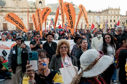 Sindicatos en la plaza de Bolívar, en Bogotá, el 29 de mayo de 2025. 