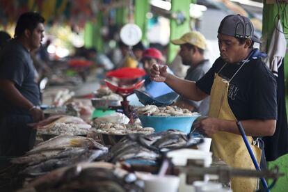 Pescadores en el mercado municipal de Ciudad del Carmen.