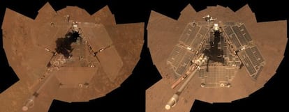 Autofotograf&iacute;a del robot `Opportunity&acute;, en Marte, del pasado marzo (derecha) en la que los paneles solares est&aacute;n m&aacute;s limpios de polvo que en enero (izquierda).