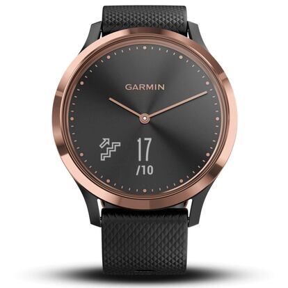 Este elegante reloj híbrido con pantalla oculta y agujas de la marca Garmin ofrece toda la información sobre los pasos, calorías, frecuencia cardiaca y más, para tener todo al alcance de nuestras manos sin perder la elegancia y la sutileza por medio del reloj.