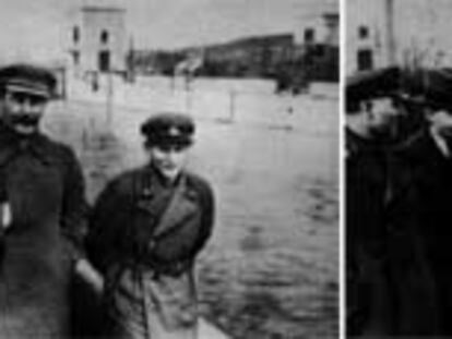 Stalin aparece en la primera imagen con un miembro del Ejército a su izquierda. Éste queda <i>eliminado</i> en la siguiente fotografía.