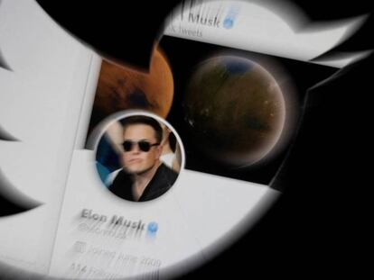 Perfil de Twitter de Elon Musk, visto a través del logo de la red social. 