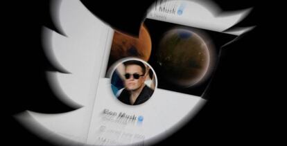 Perfil de Twitter de Elon Musk, visto a través del logo de la red social. 