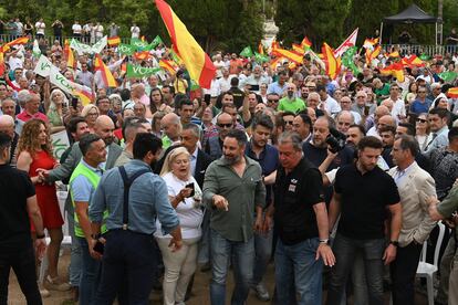 El presidente de Vox, Santiago Abascal, en un acto público, en el auditorio Ricardo Carapeto, el pasado 28 de abril de 2023, en Badajoz, Extremadura.