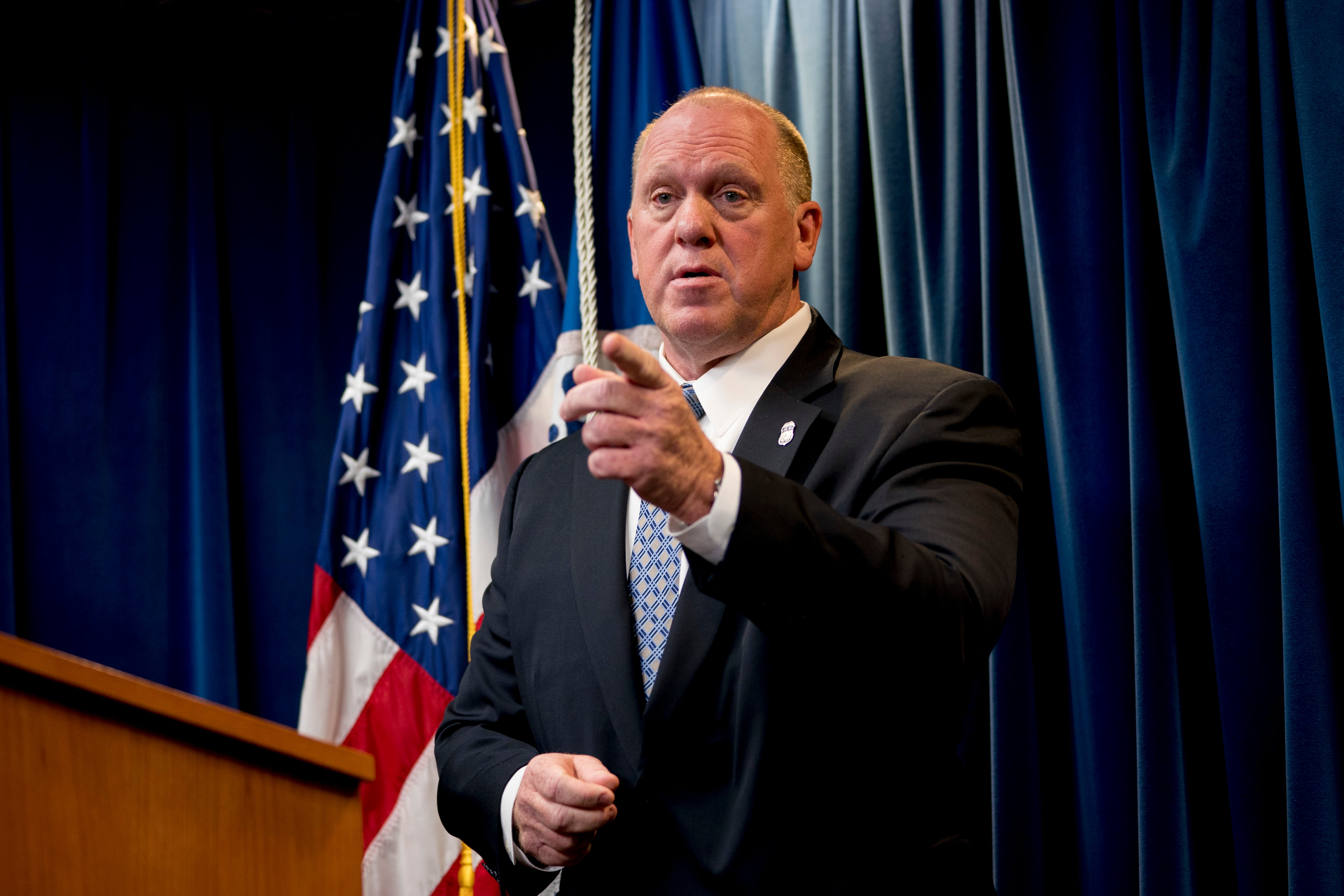 File - In this Dec. 5, 2017 file photo, then Acting Director for U.S. Immigration and Customs Enforcement Thomas Homan takes a question from a reporter at a Department of Homeland Security news conference in Washington. A federal immigration official says about 800 people living in Northern California were able to avoid arrest because of a warning by Oakland Mayor Libby Schaaf. Homan, the Immigration and Customs Enforcement chief, told 